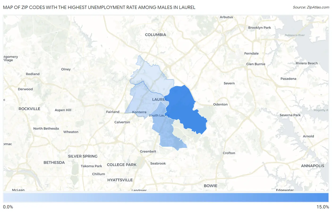 Zip Codes with the Highest Unemployment Rate Among Males in Laurel Map
