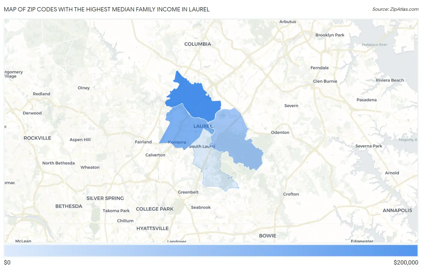 Zip Codes with the Highest Median Family Income in Laurel Map