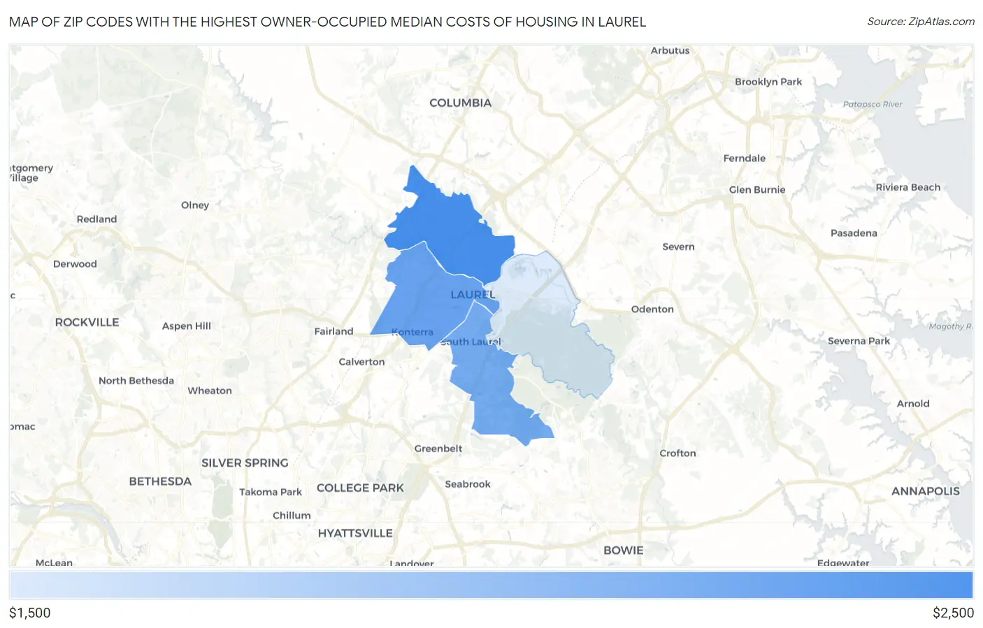 Zip Codes with the Highest Owner-Occupied Median Costs of Housing in Laurel Map