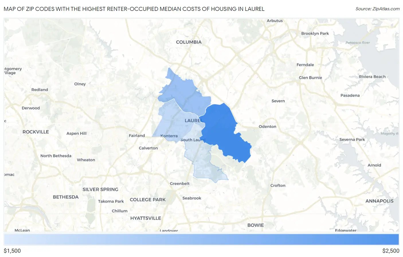 Zip Codes with the Highest Renter-Occupied Median Costs of Housing in Laurel Map