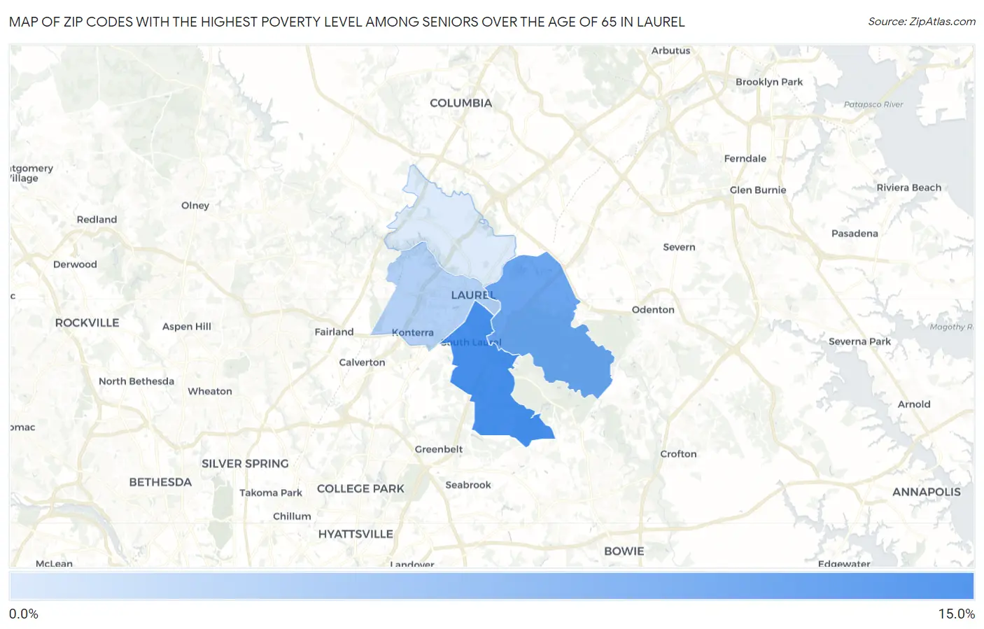 Zip Codes with the Highest Poverty Level Among Seniors Over the Age of 65 in Laurel Map