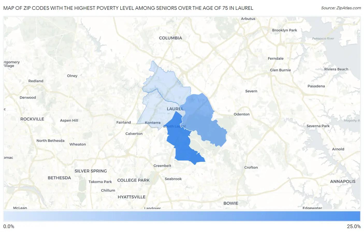 Zip Codes with the Highest Poverty Level Among Seniors Over the Age of 75 in Laurel Map