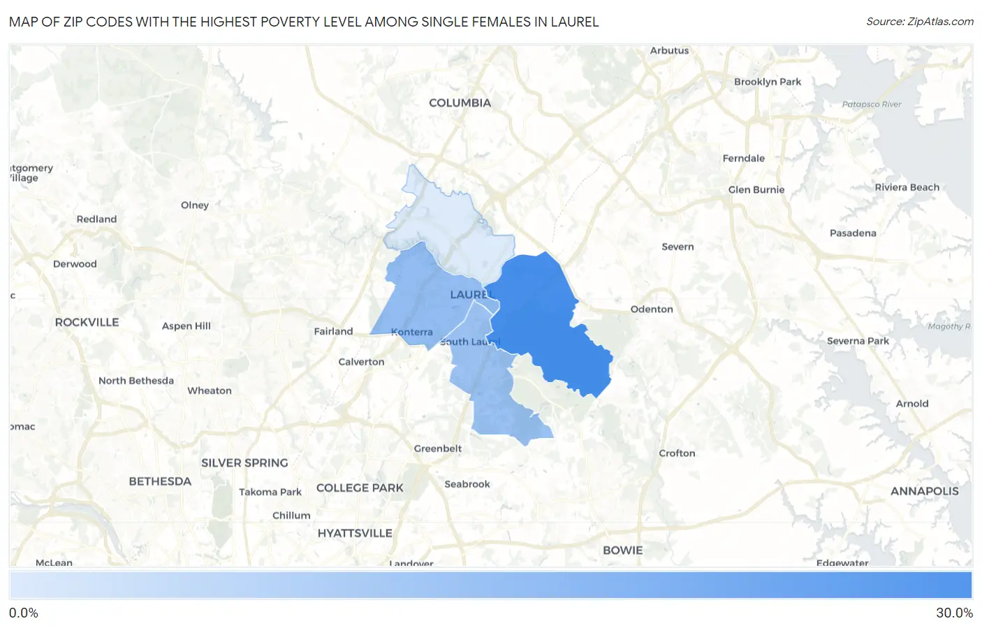 Zip Codes with the Highest Poverty Level Among Single Females in Laurel Map