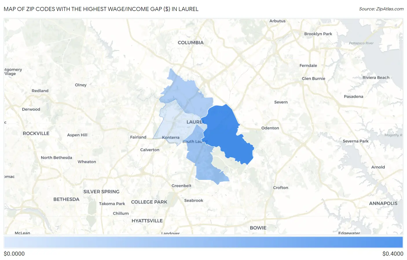 Zip Codes with the Highest Wage/Income Gap ($) in Laurel Map