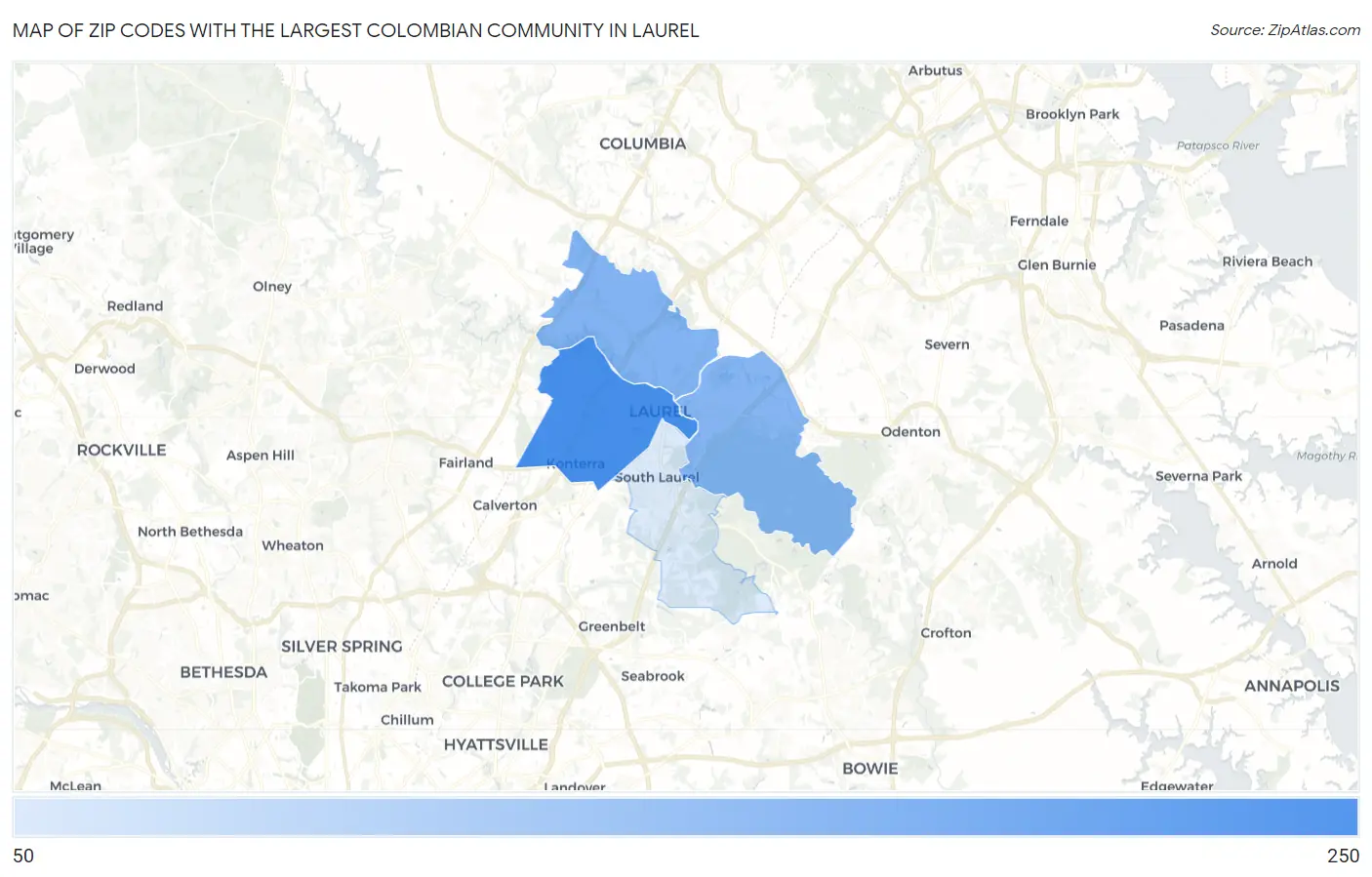 Zip Codes with the Largest Colombian Community in Laurel Map
