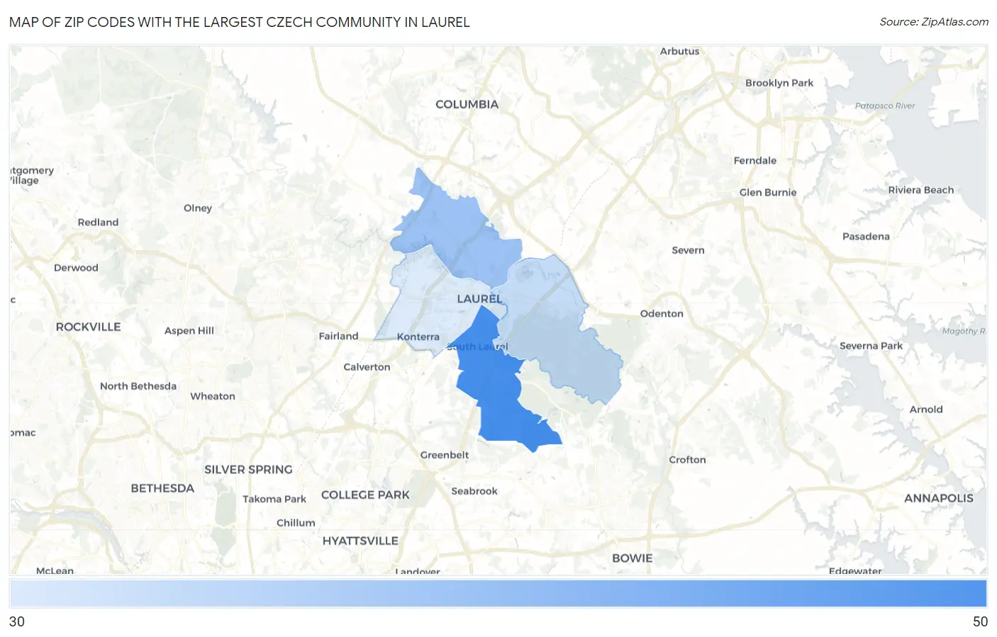 Zip Codes with the Largest Czech Community in Laurel Map