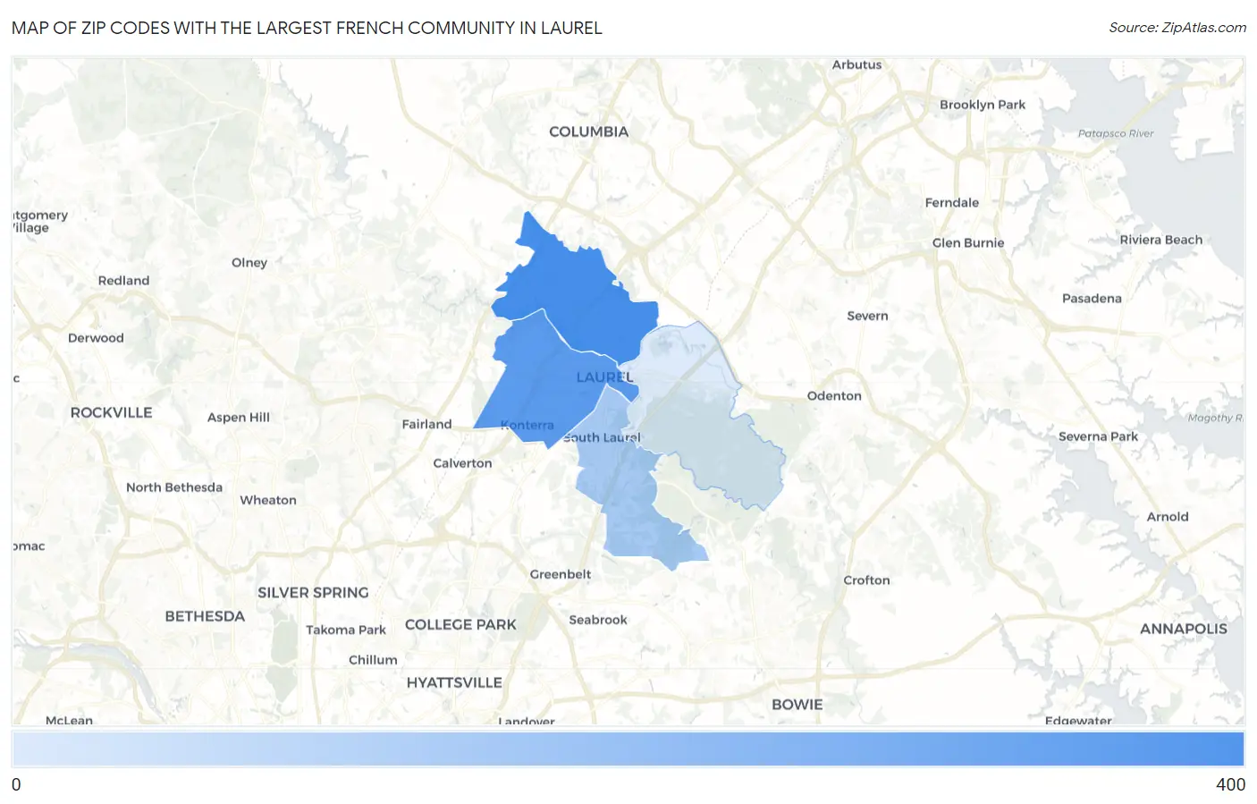 Zip Codes with the Largest French Community in Laurel Map