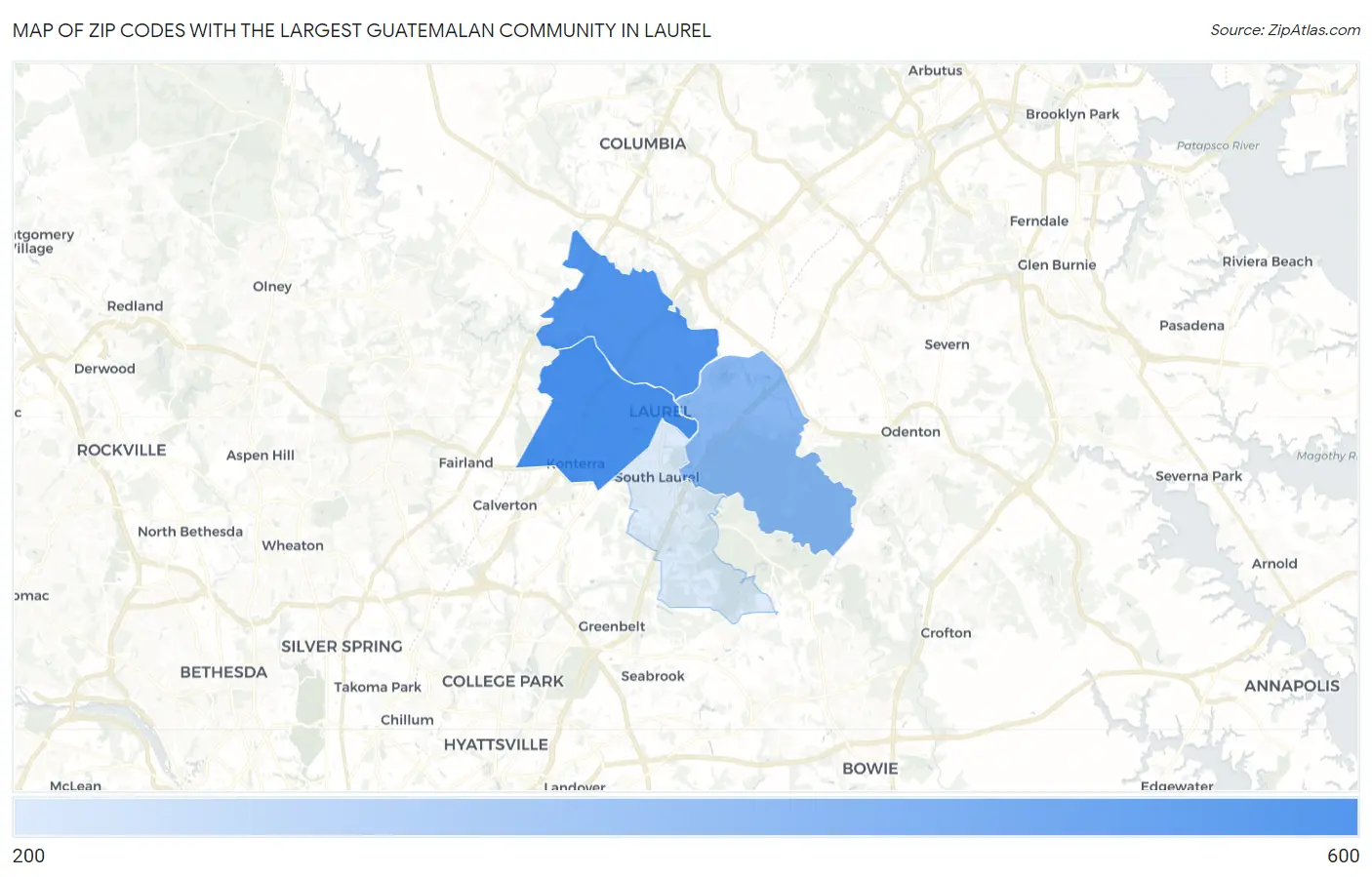 Zip Codes with the Largest Guatemalan Community in Laurel Map