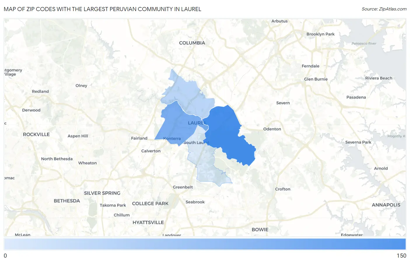 Zip Codes with the Largest Peruvian Community in Laurel Map