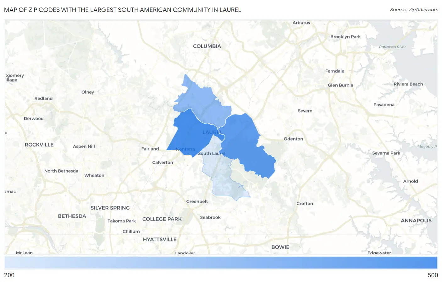 Zip Codes with the Largest South American Community in Laurel Map