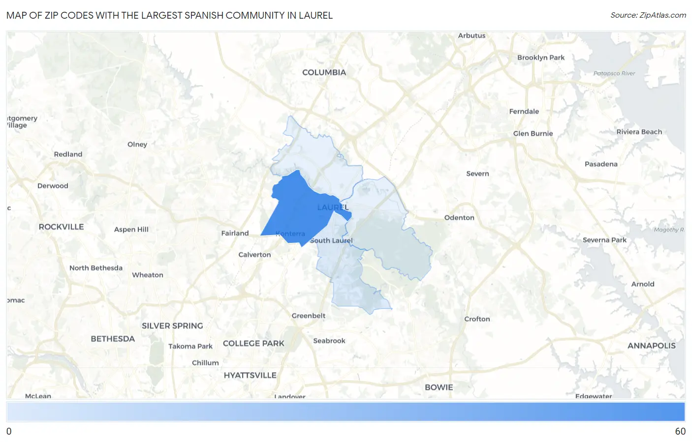 Zip Codes with the Largest Spanish Community in Laurel Map