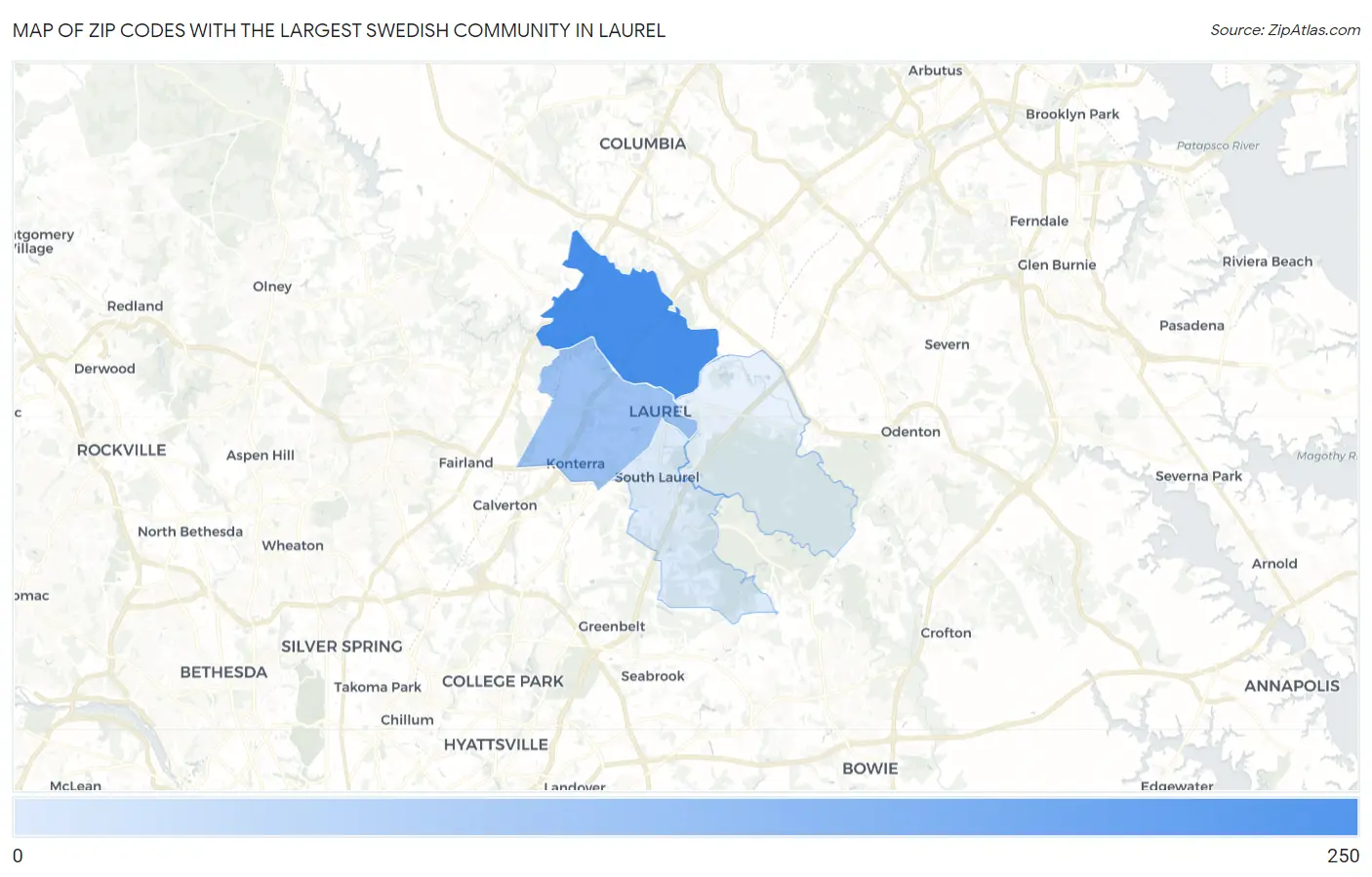 Zip Codes with the Largest Swedish Community in Laurel Map