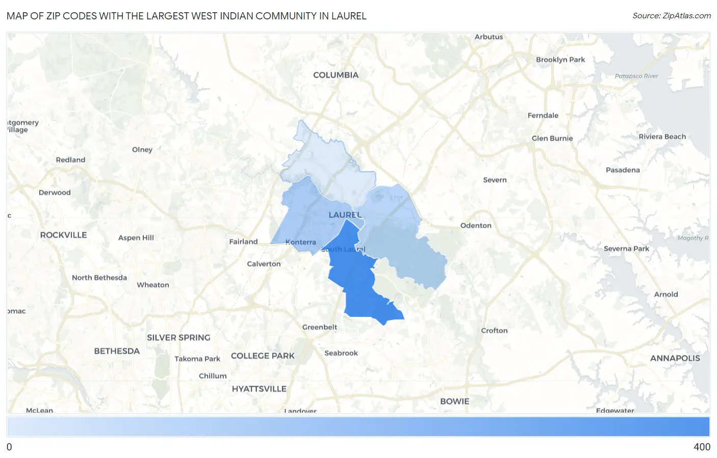 Zip Codes with the Largest West Indian Community in Laurel Map