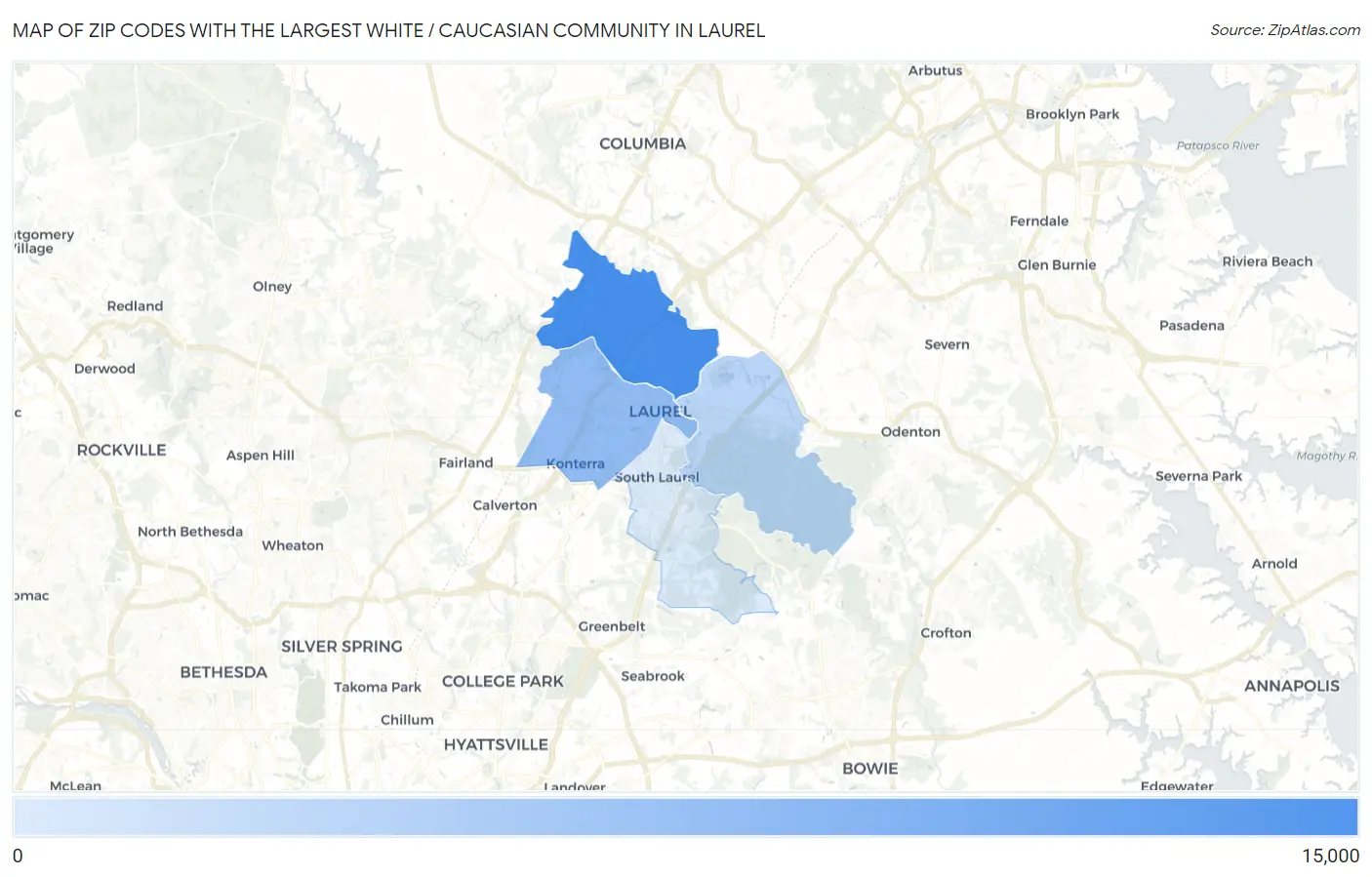 Zip Codes with the Largest White / Caucasian Community in Laurel Map