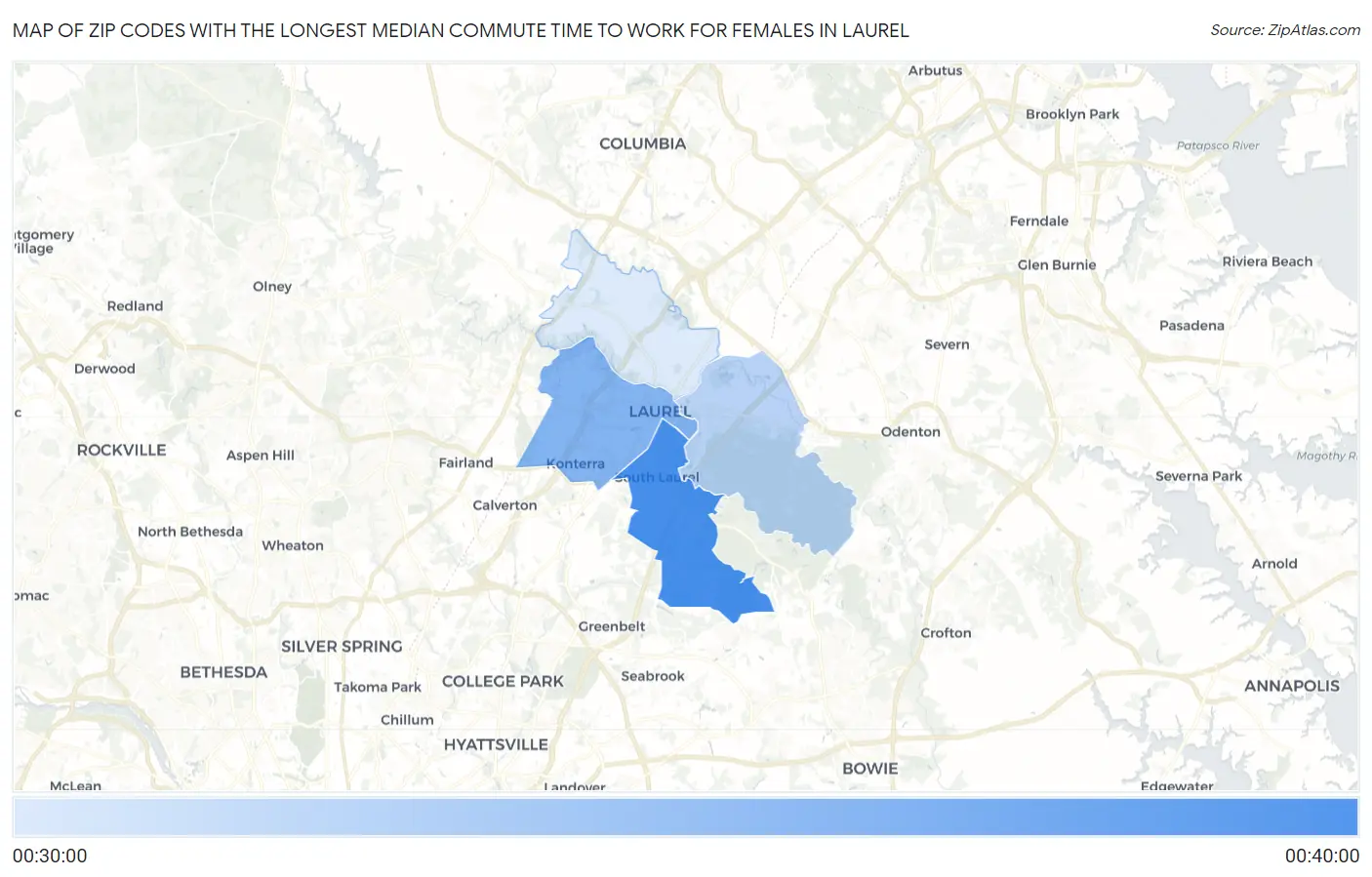 Zip Codes with the Longest Median Commute Time to Work for Females in Laurel Map