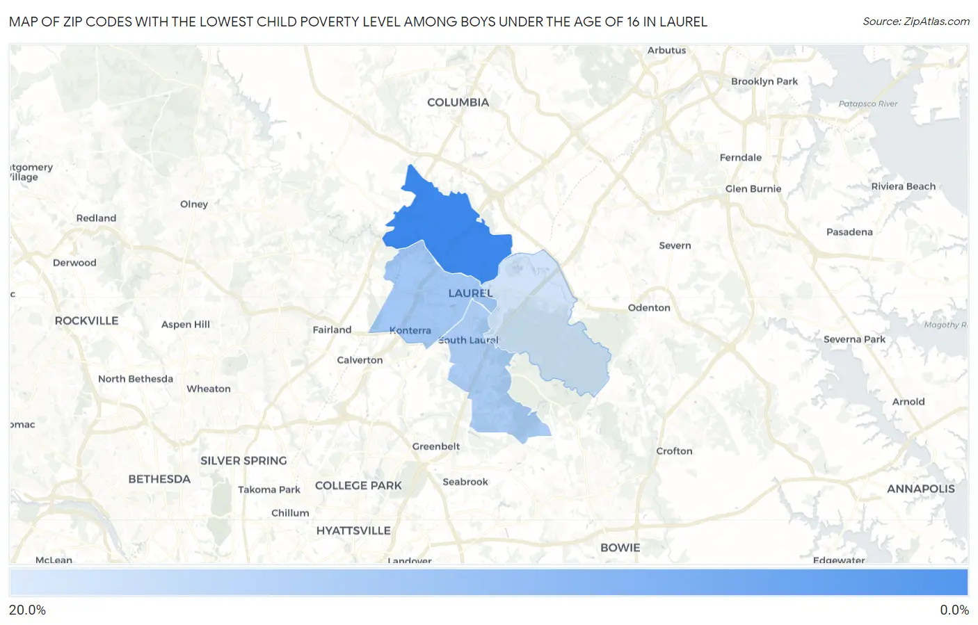 Zip Codes with the Lowest Child Poverty Level Among Boys Under the Age of 16 in Laurel Map
