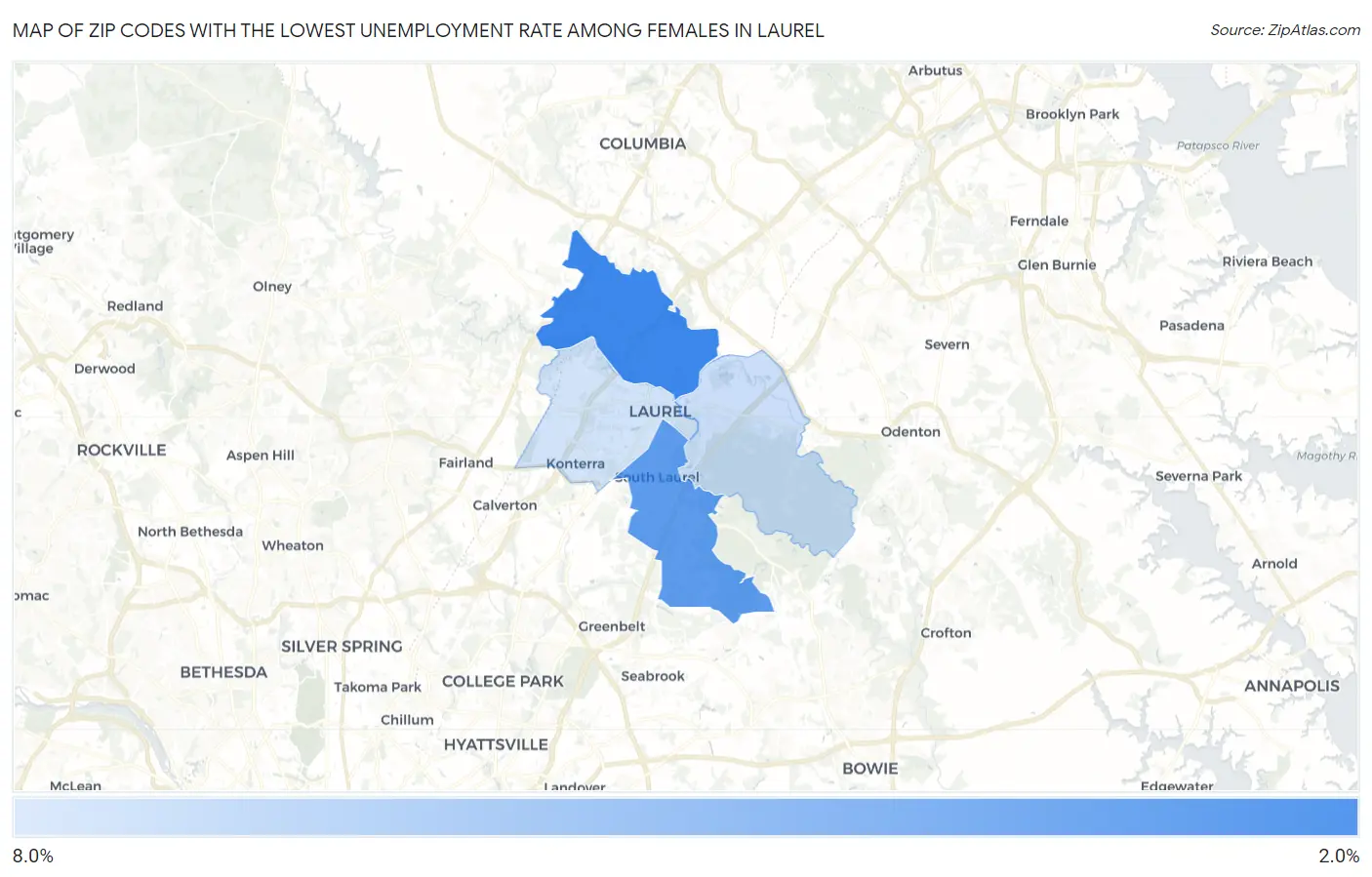 Zip Codes with the Lowest Unemployment Rate Among Females in Laurel Map