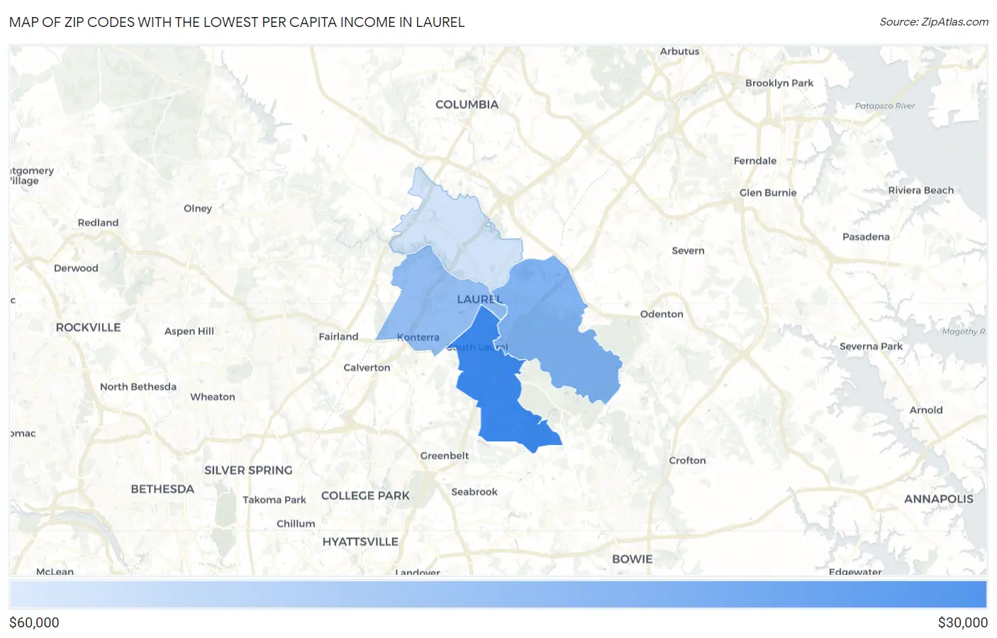 Zip Codes with the Lowest Per Capita Income in Laurel Map