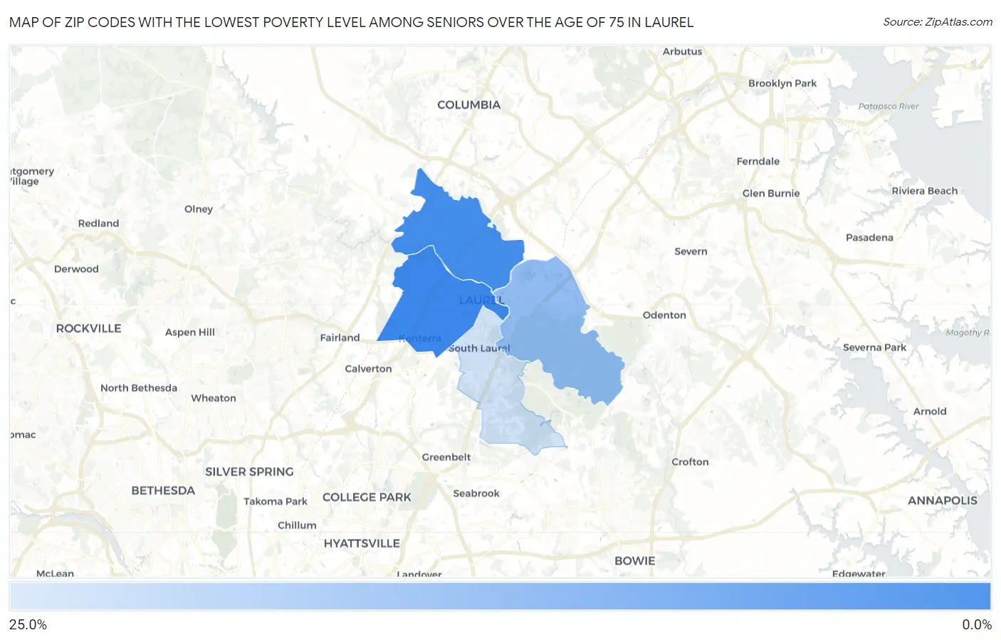 Zip Codes with the Lowest Poverty Level Among Seniors Over the Age of 75 in Laurel Map