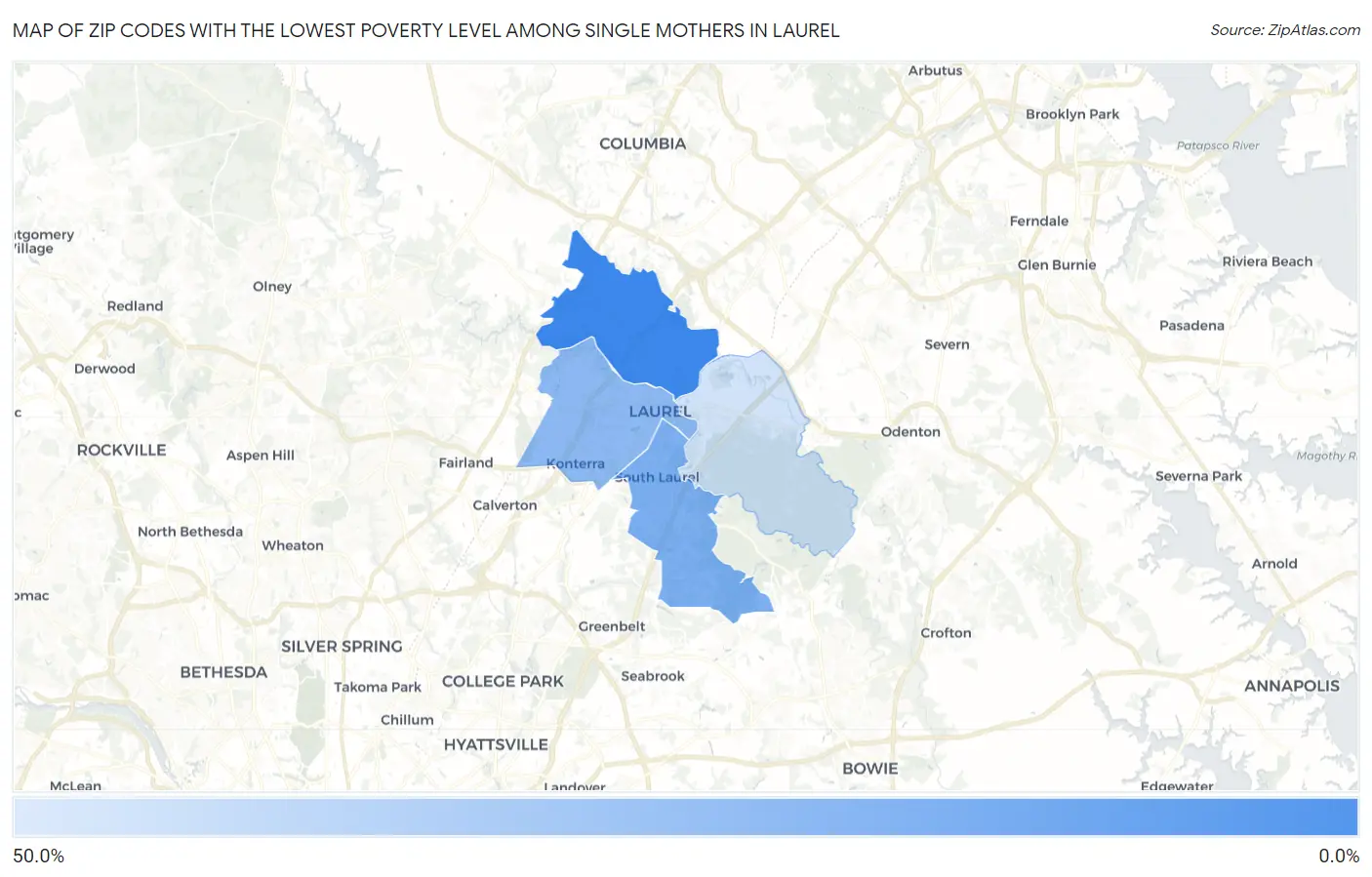 Zip Codes with the Lowest Poverty Level Among Single Mothers in Laurel Map