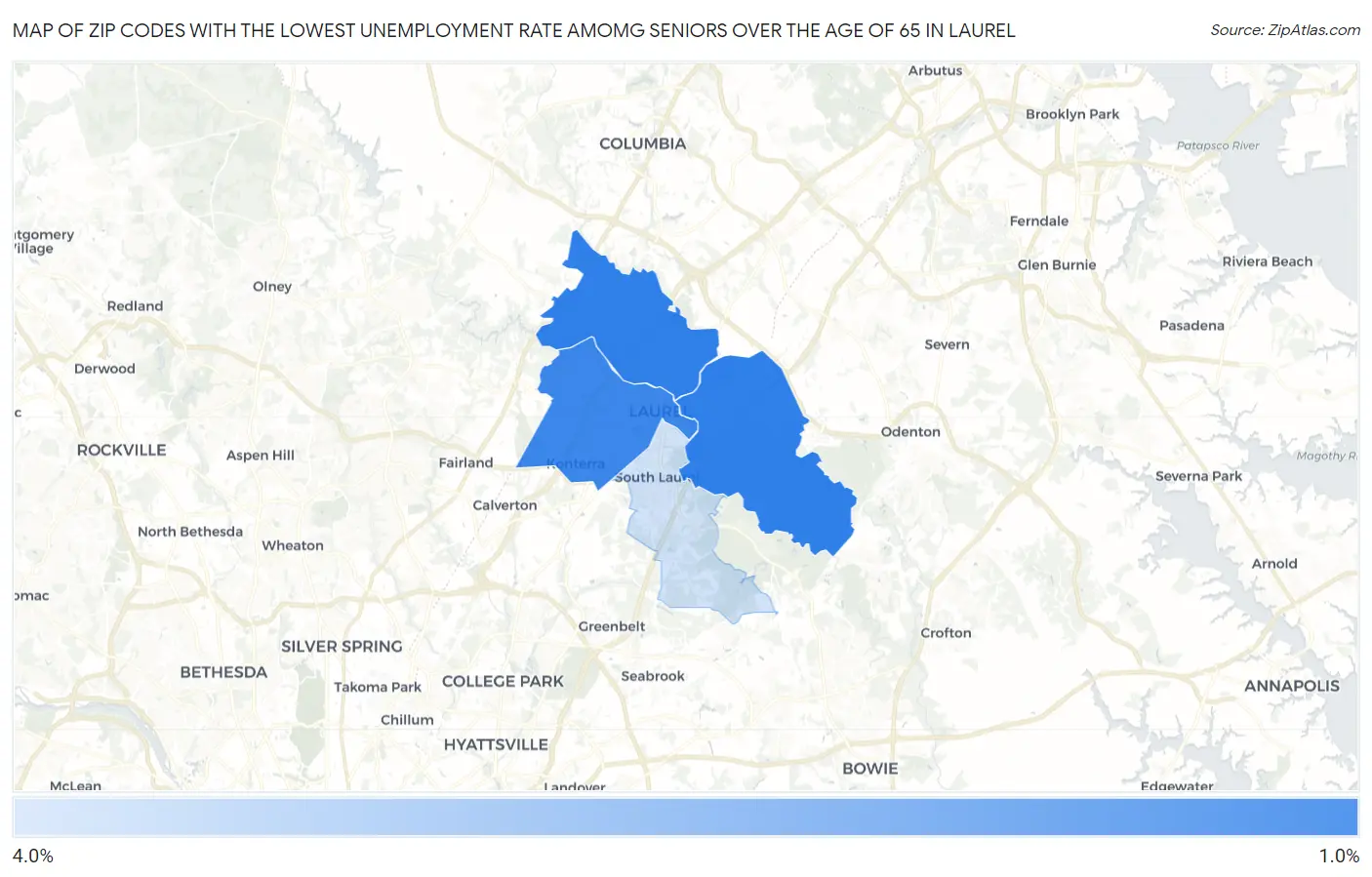 Zip Codes with the Lowest Unemployment Rate Amomg Seniors Over the Age of 65 in Laurel Map