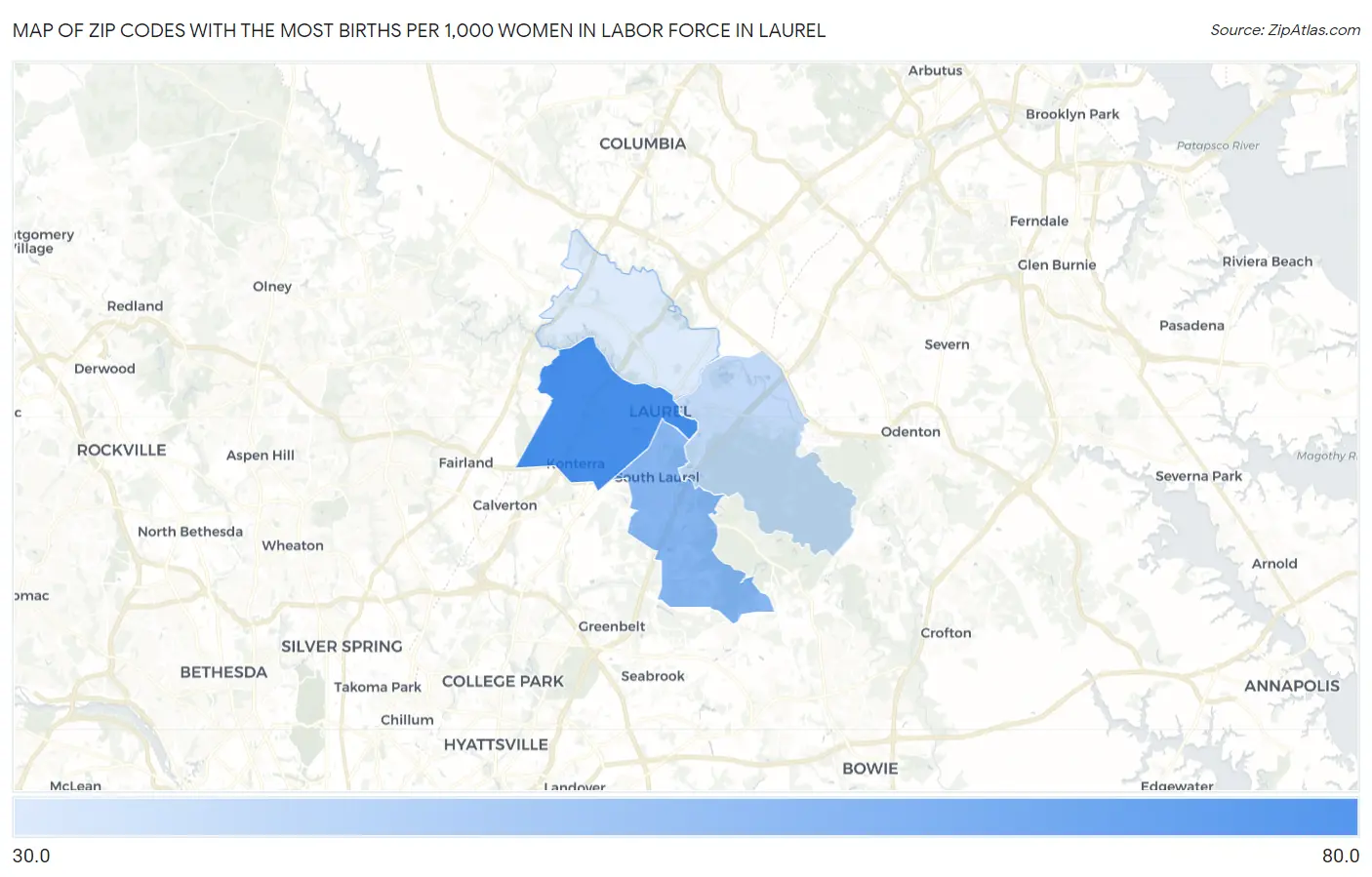 Zip Codes with the Most Births per 1,000 Women in Labor Force in Laurel Map