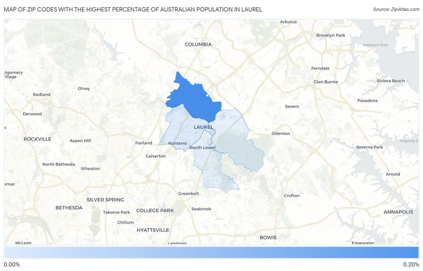 Zip Codes with the Highest Percentage of Australian Population in Laurel Map
