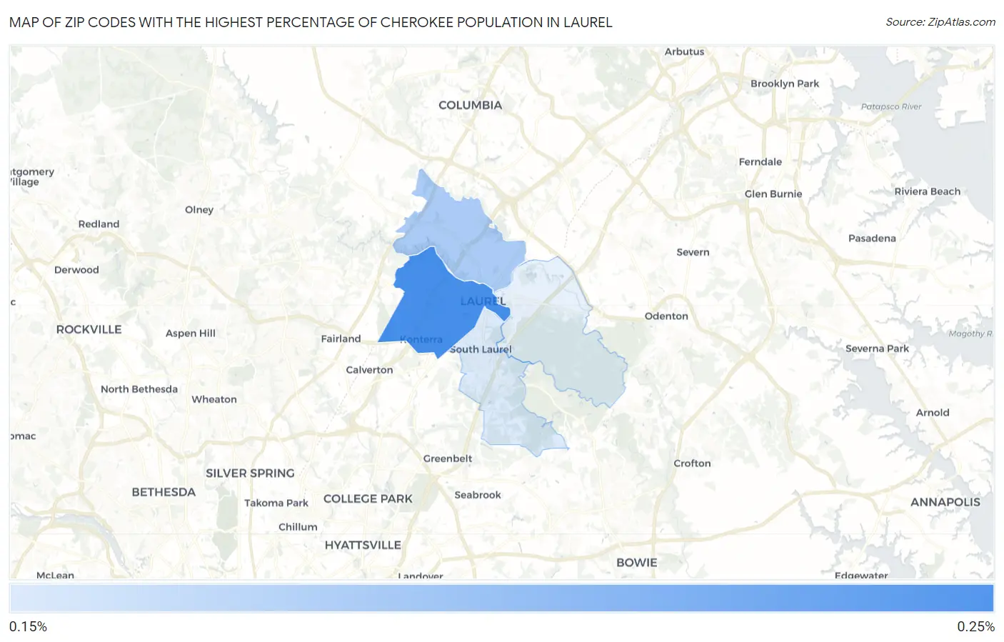 Zip Codes with the Highest Percentage of Cherokee Population in Laurel Map