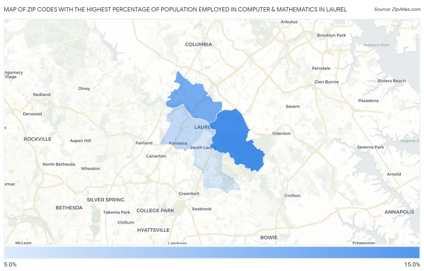 Zip Codes with the Highest Percentage of Population Employed in Computer & Mathematics in Laurel Map
