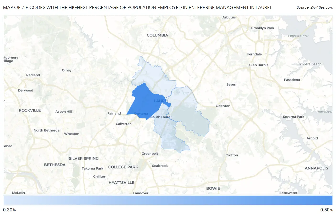 Zip Codes with the Highest Percentage of Population Employed in Enterprise Management in Laurel Map
