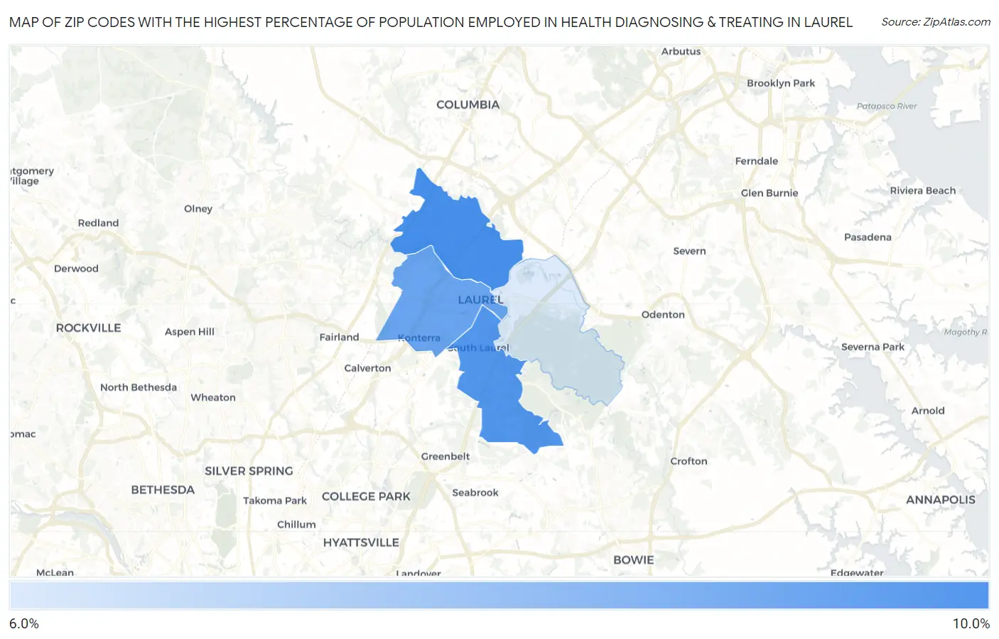 Zip Codes with the Highest Percentage of Population Employed in Health Diagnosing & Treating in Laurel Map