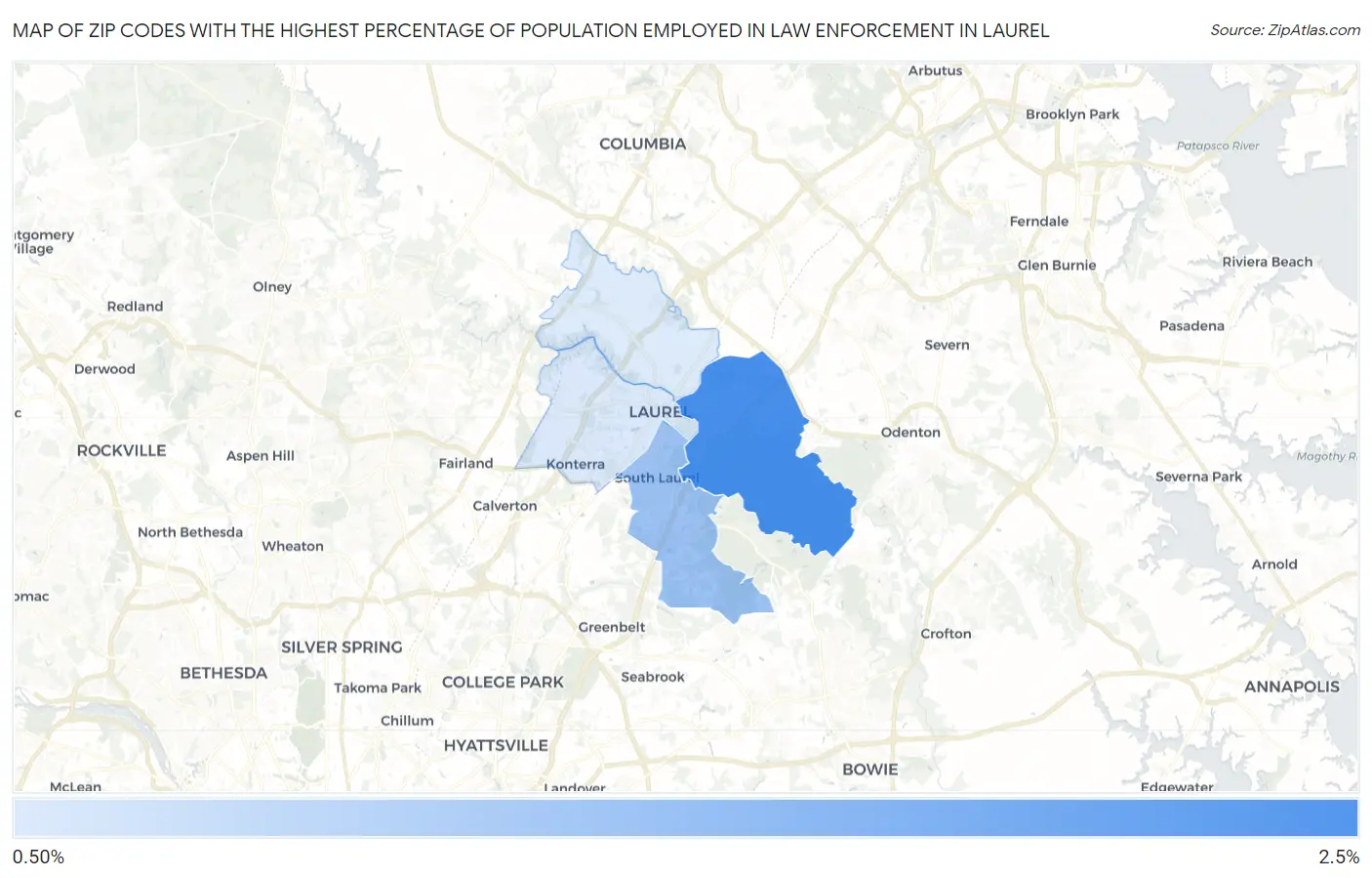 Zip Codes with the Highest Percentage of Population Employed in Law Enforcement in Laurel Map