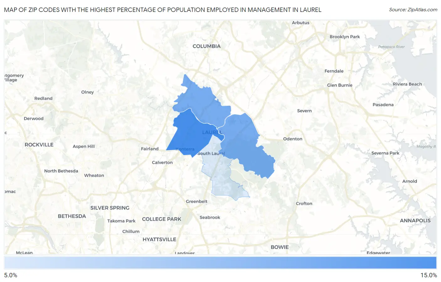 Zip Codes with the Highest Percentage of Population Employed in Management in Laurel Map