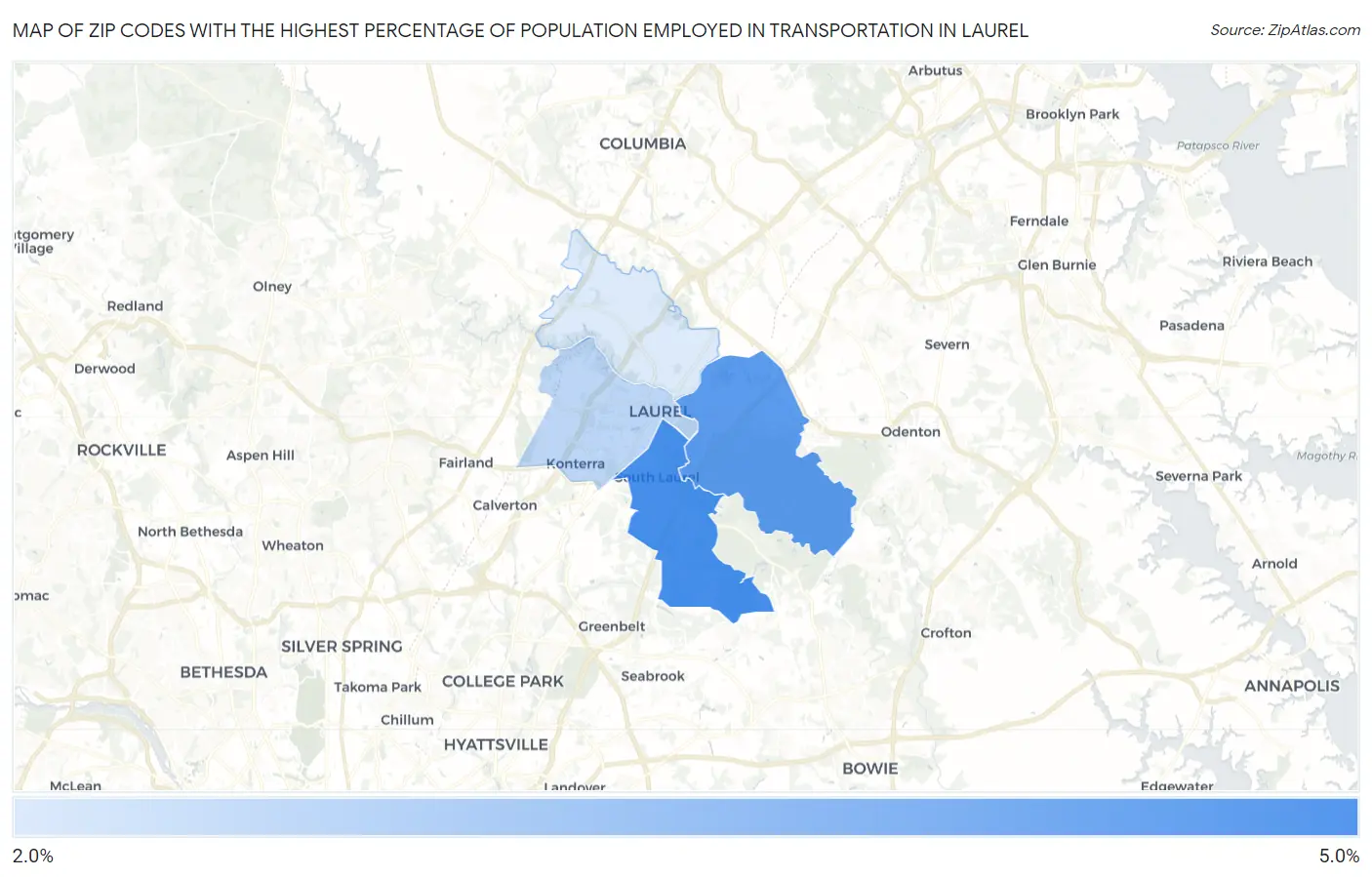 Zip Codes with the Highest Percentage of Population Employed in Transportation in Laurel Map