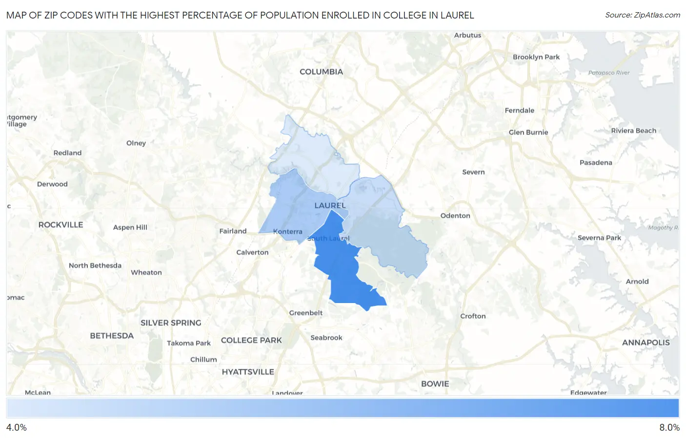 Zip Codes with the Highest Percentage of Population Enrolled in College in Laurel Map