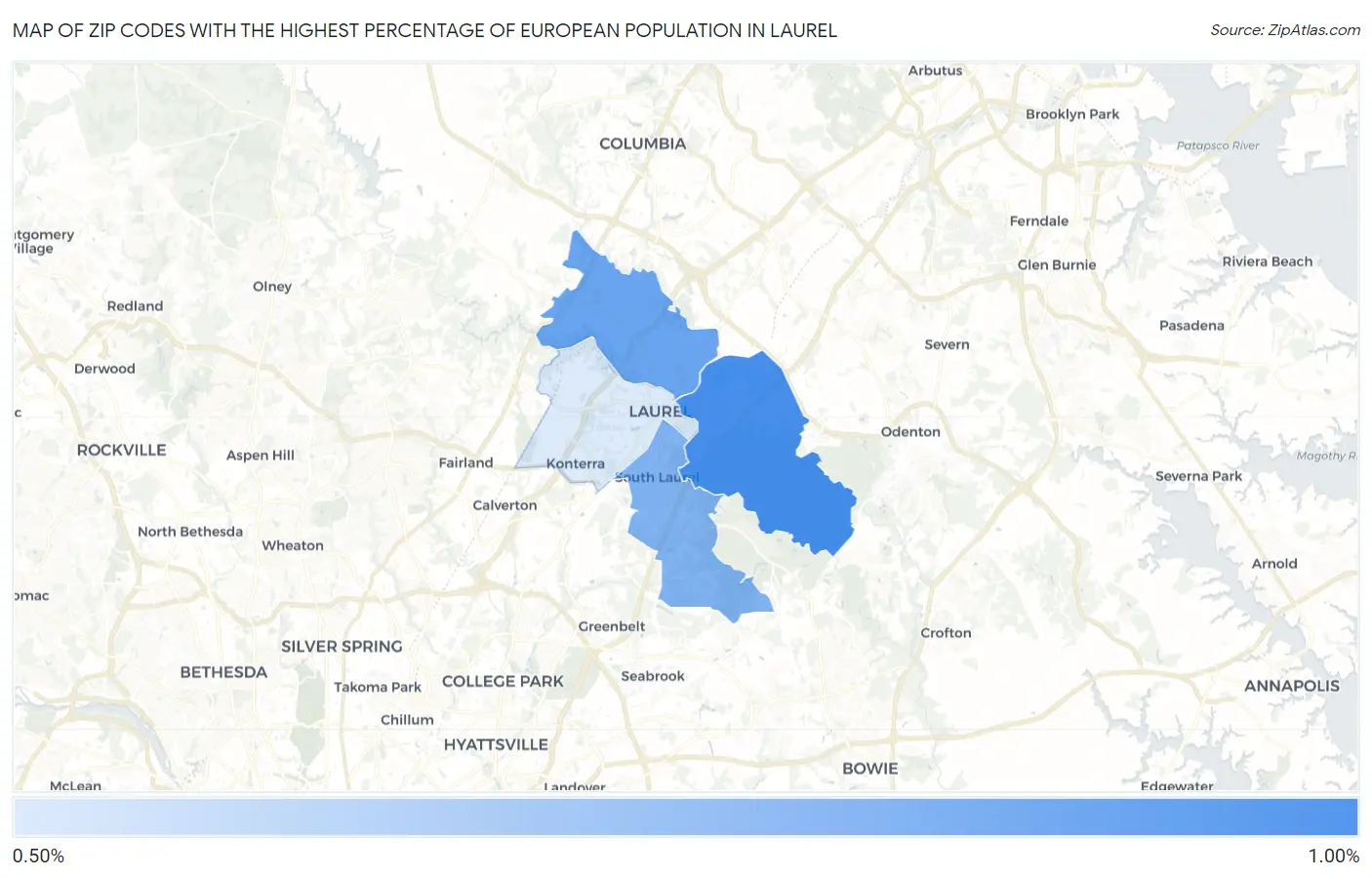 Zip Codes with the Highest Percentage of European Population in Laurel Map