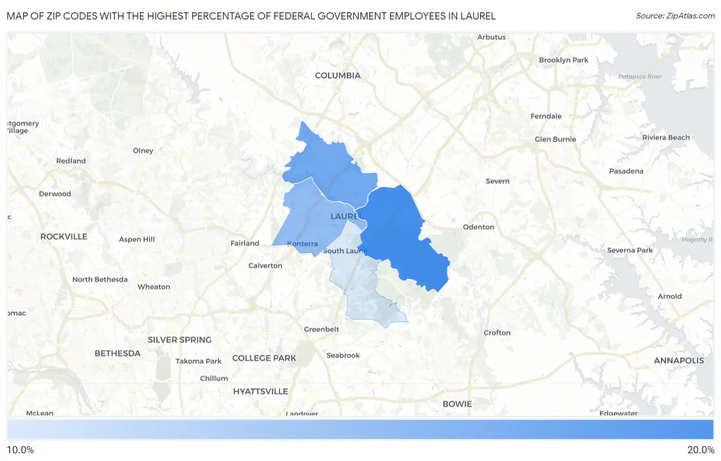 Zip Codes with the Highest Percentage of Federal Government Employees in Laurel Map