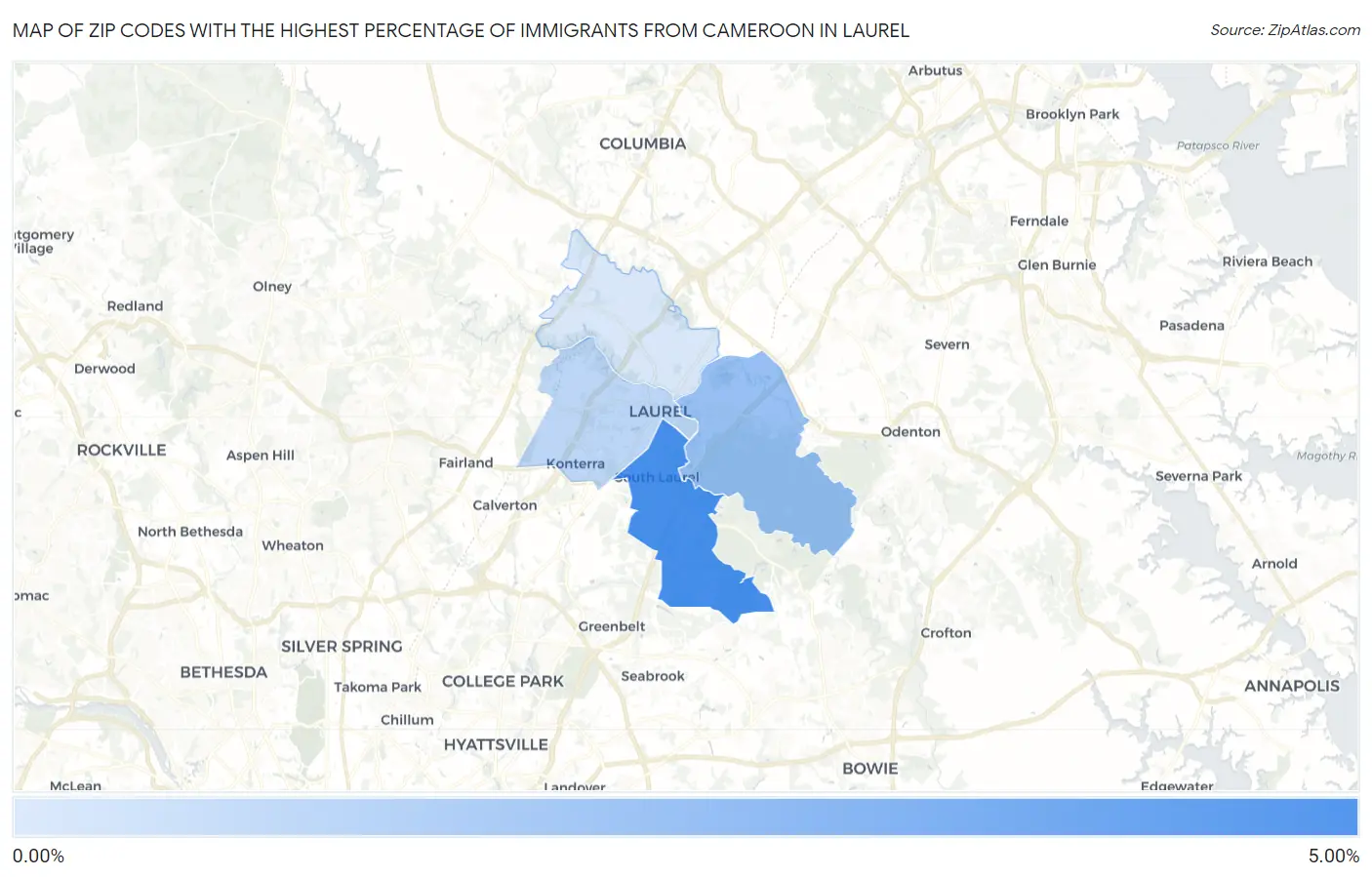 Zip Codes with the Highest Percentage of Immigrants from Cameroon in Laurel Map