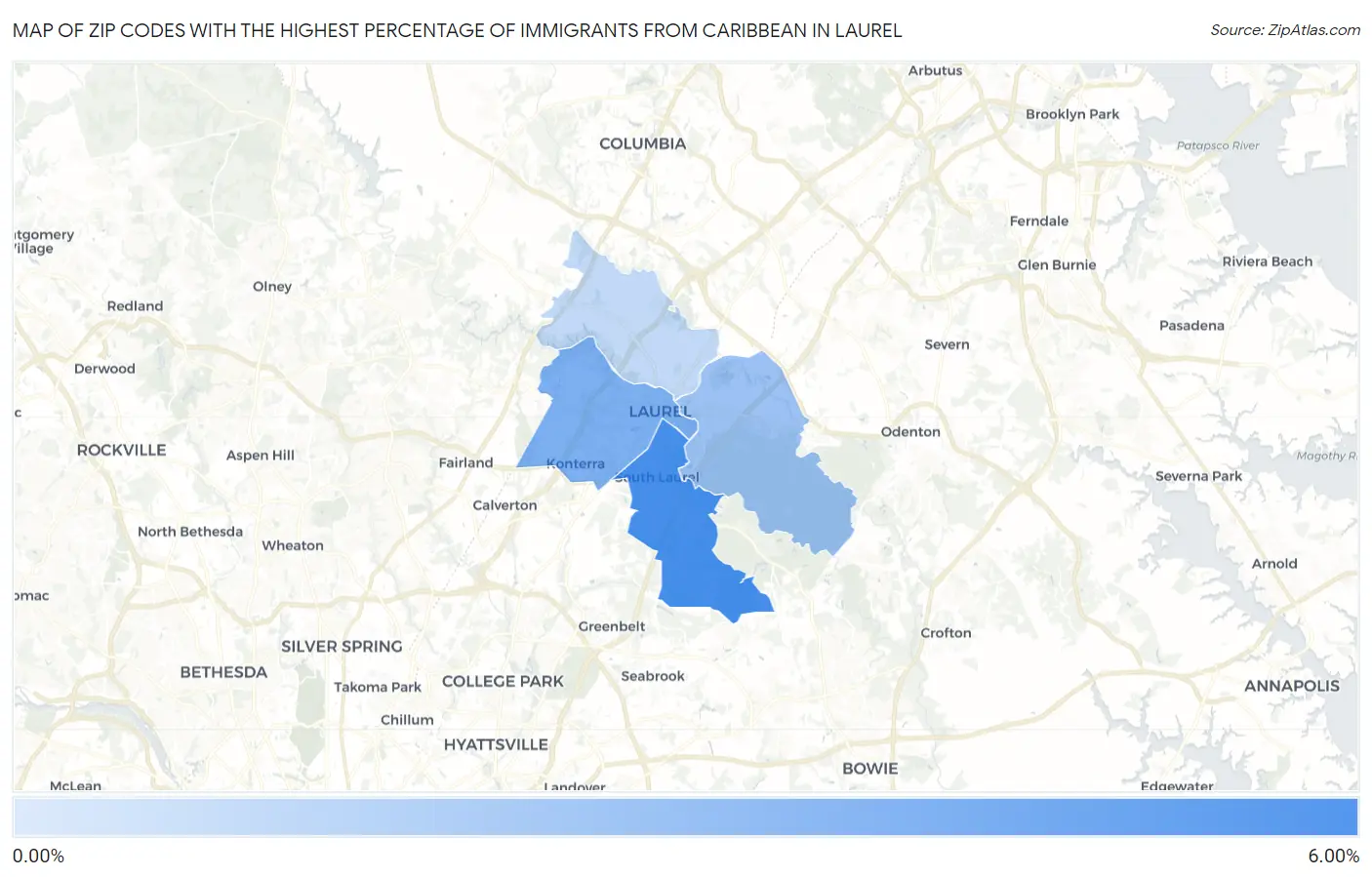 Zip Codes with the Highest Percentage of Immigrants from Caribbean in Laurel Map