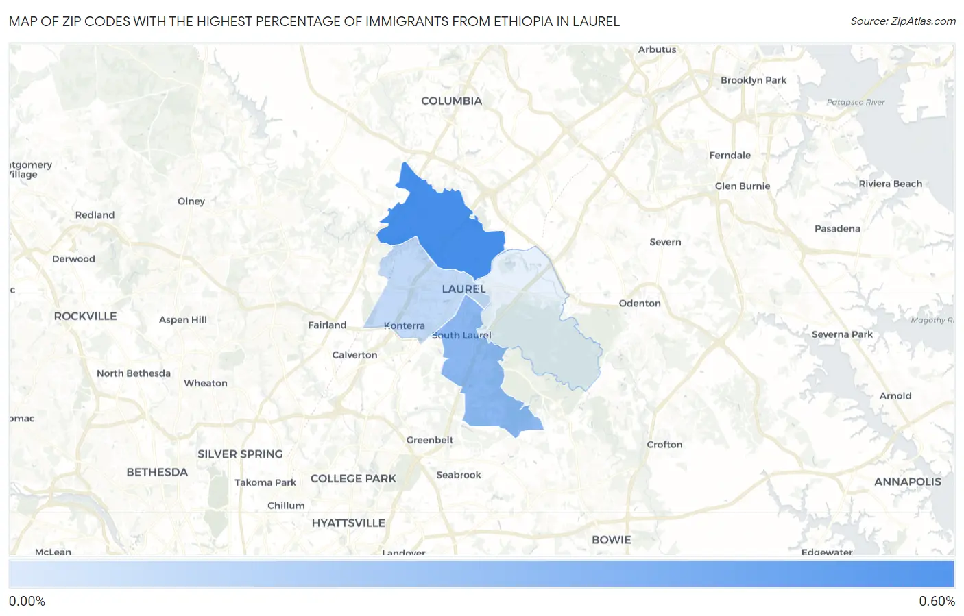 Zip Codes with the Highest Percentage of Immigrants from Ethiopia in Laurel Map