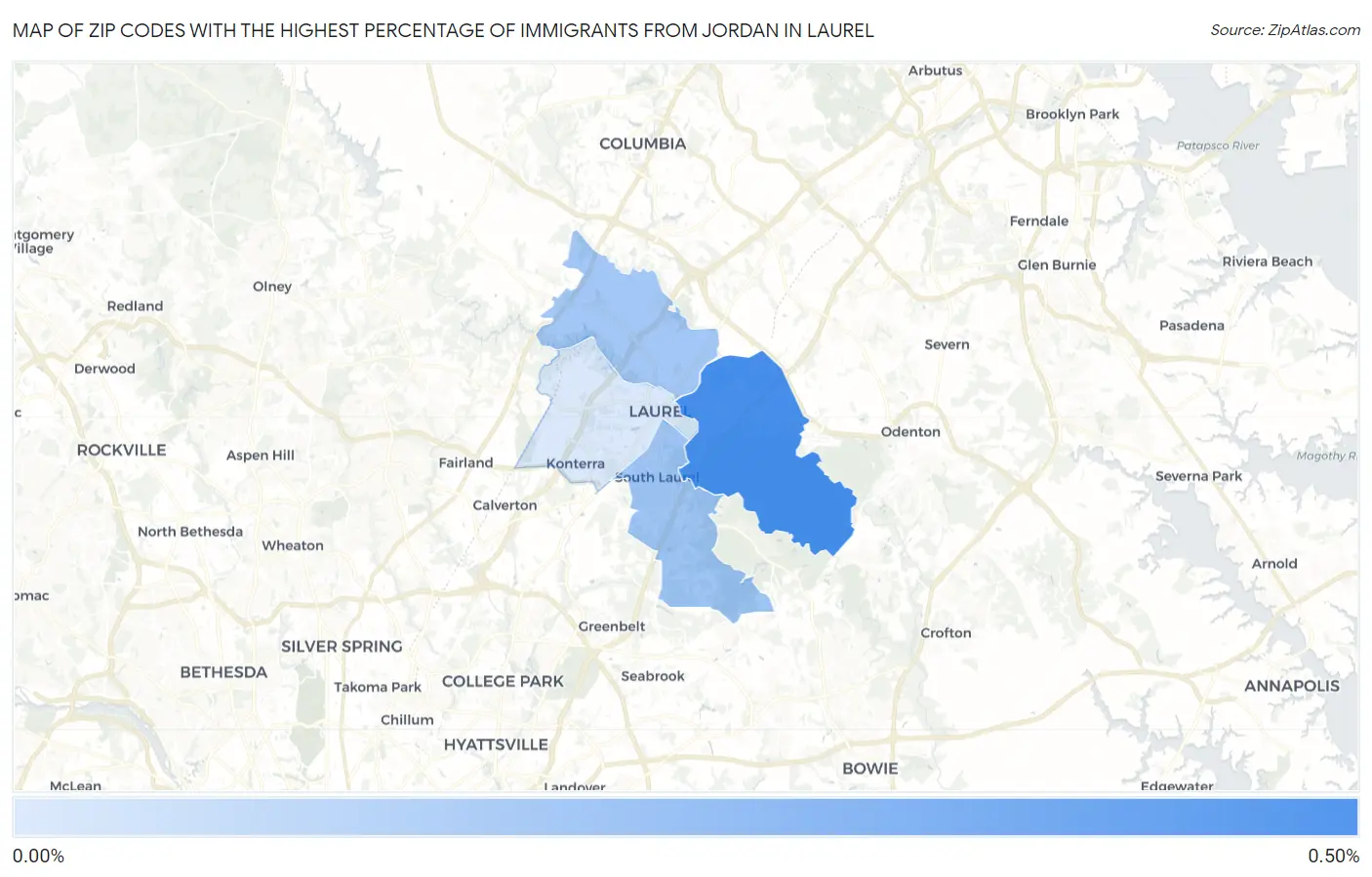 Zip Codes with the Highest Percentage of Immigrants from Jordan in Laurel Map