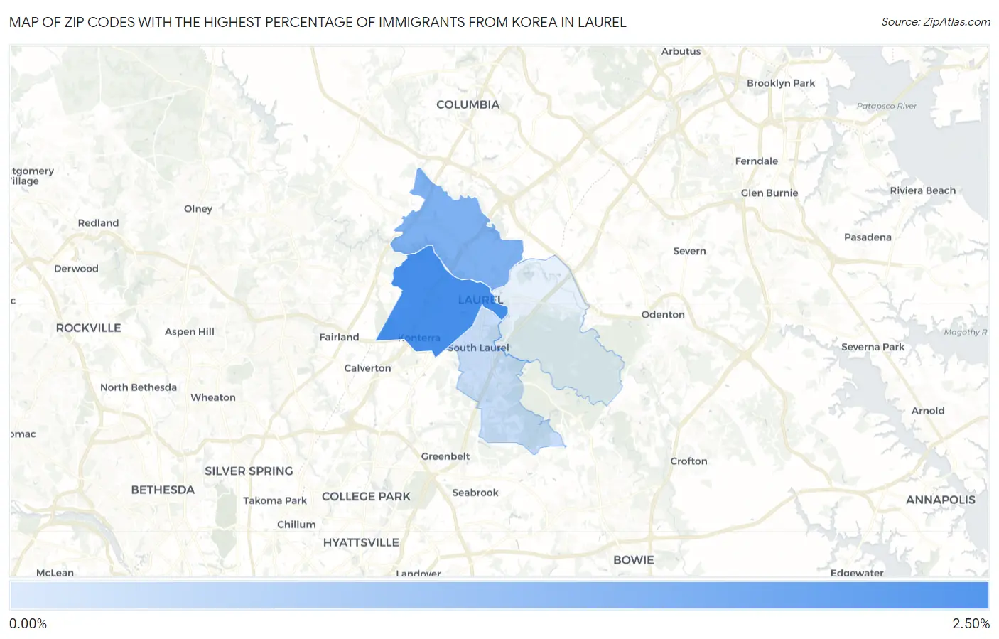 Zip Codes with the Highest Percentage of Immigrants from Korea in Laurel Map