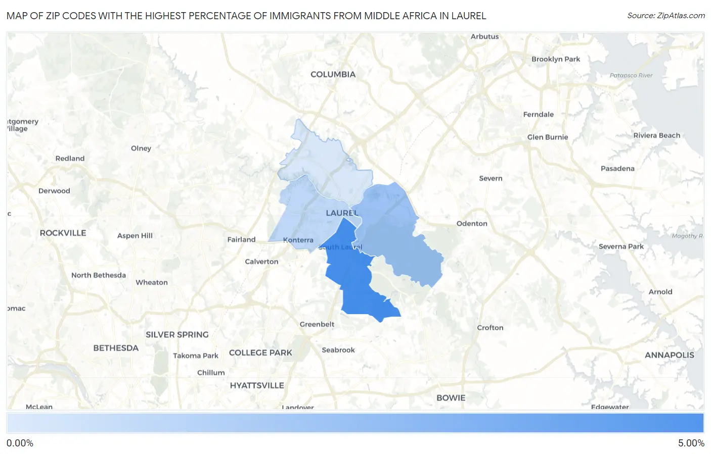 Zip Codes with the Highest Percentage of Immigrants from Middle Africa in Laurel Map