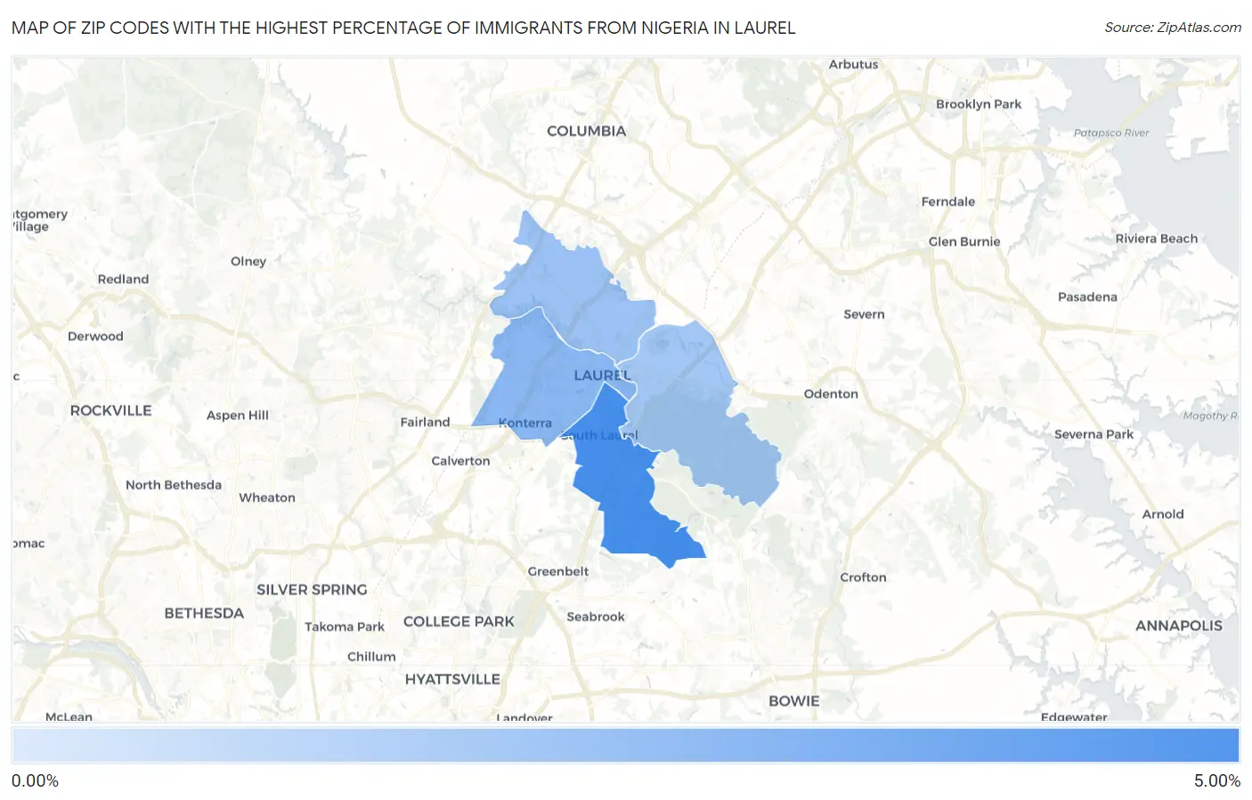 Zip Codes with the Highest Percentage of Immigrants from Nigeria in Laurel Map