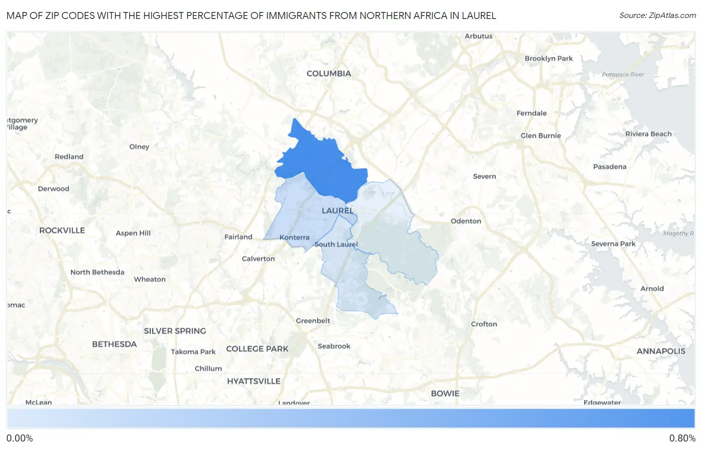Zip Codes with the Highest Percentage of Immigrants from Northern Africa in Laurel Map