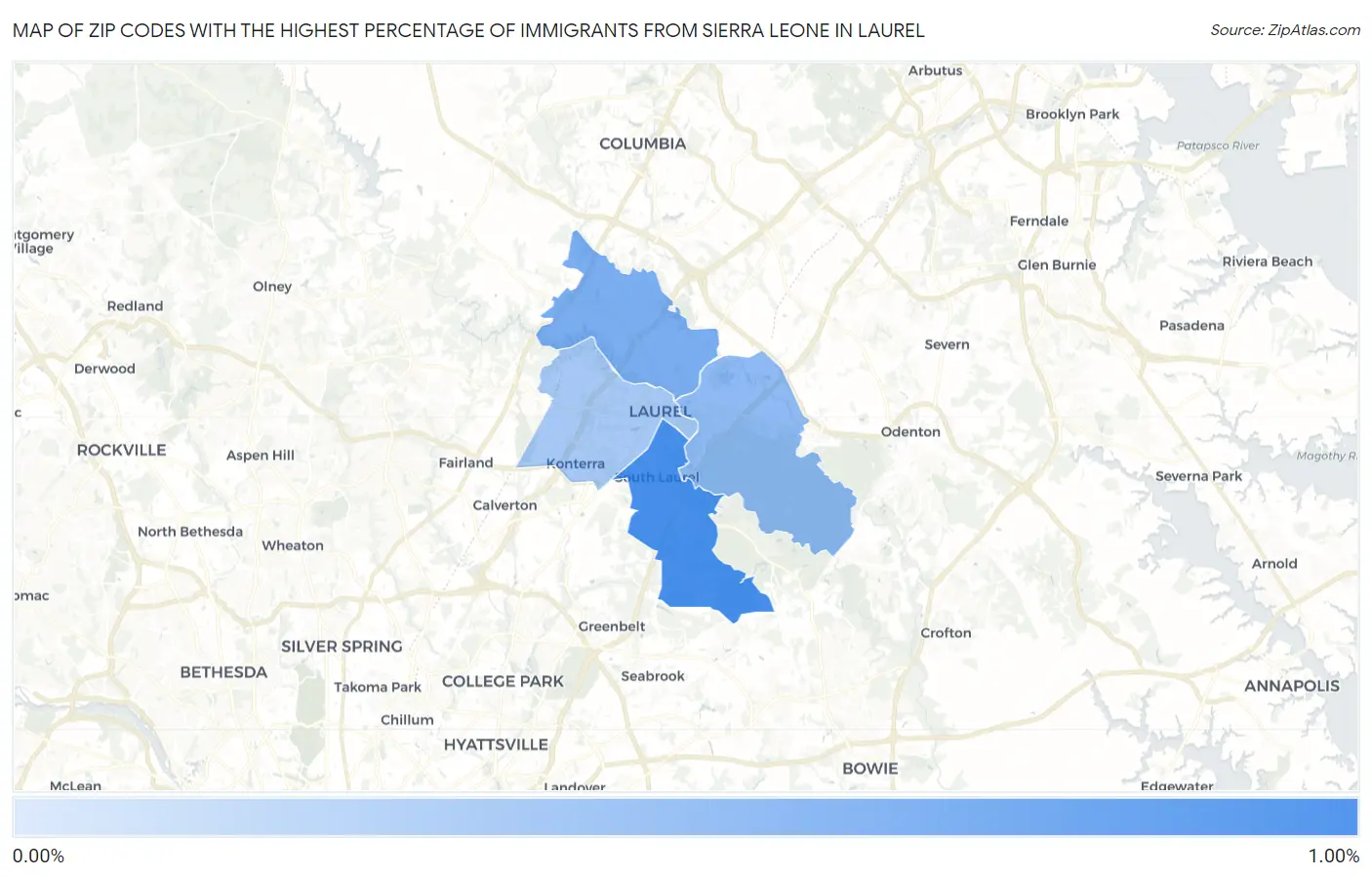 Zip Codes with the Highest Percentage of Immigrants from Sierra Leone in Laurel Map