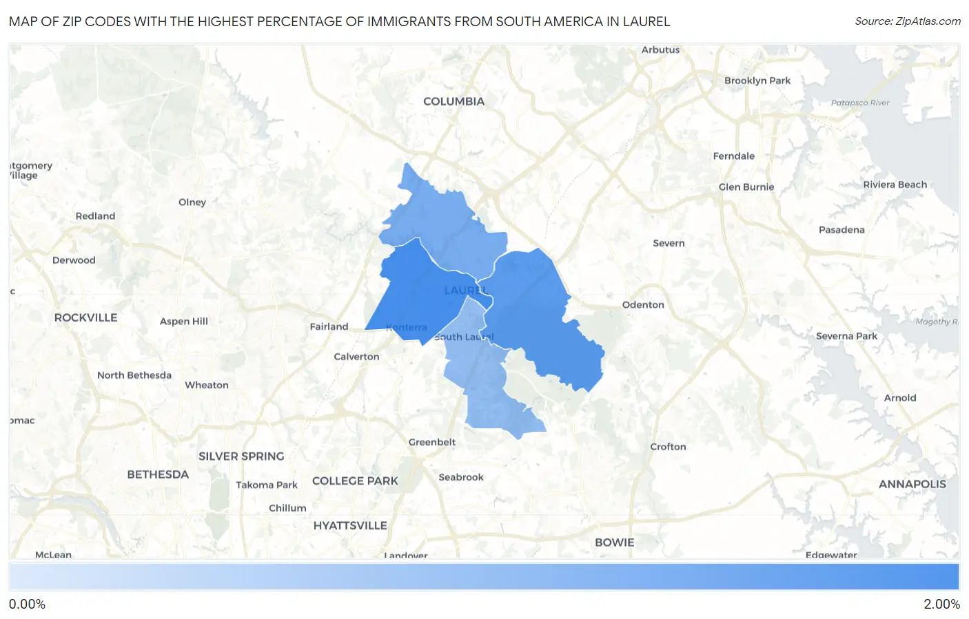 Zip Codes with the Highest Percentage of Immigrants from South America in Laurel Map