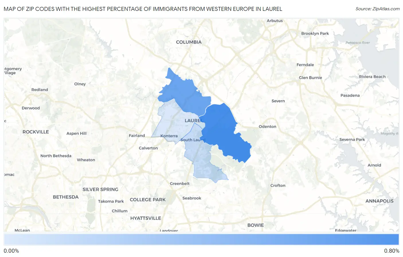 Zip Codes with the Highest Percentage of Immigrants from Western Europe in Laurel Map