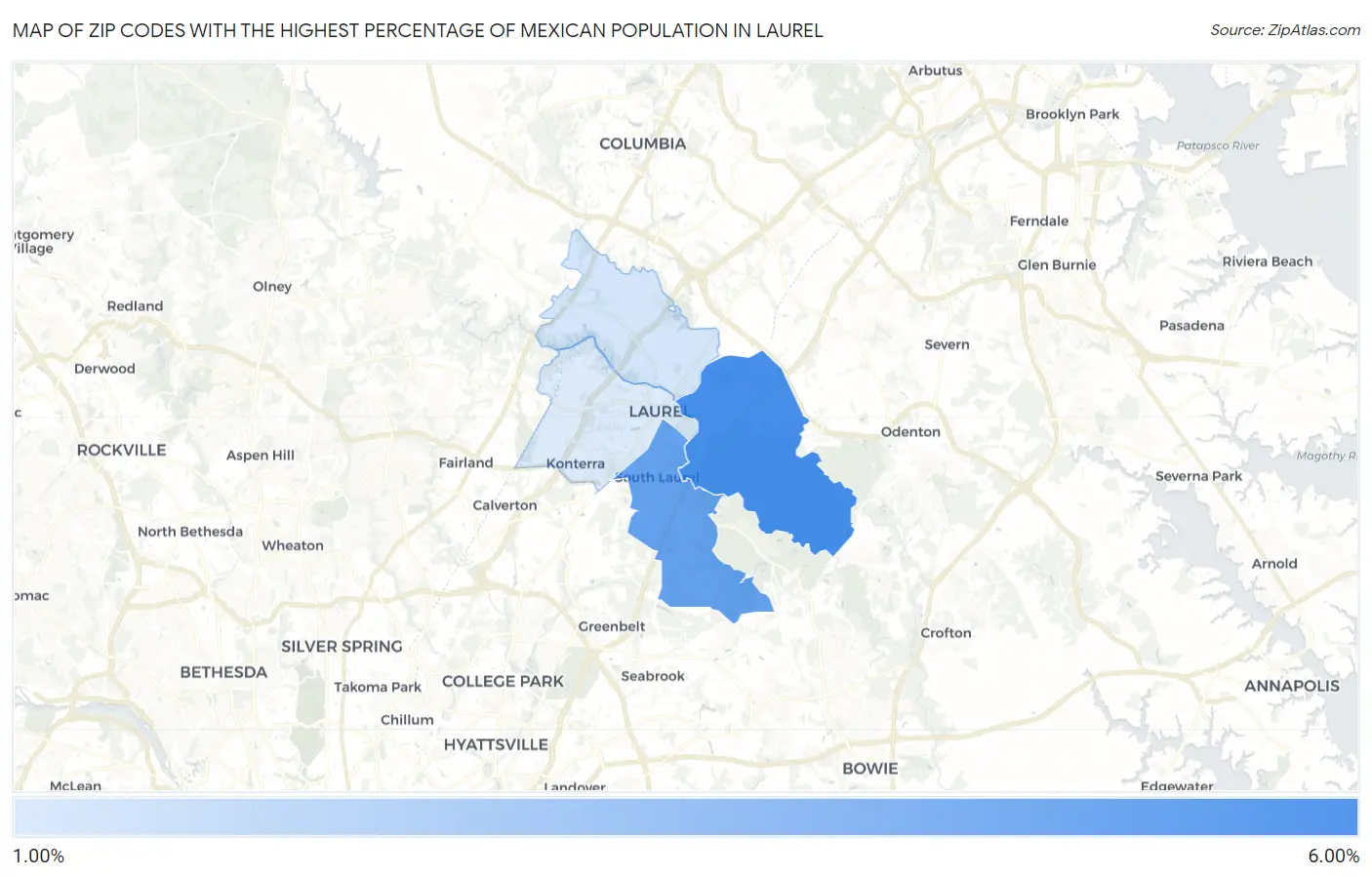 Zip Codes with the Highest Percentage of Mexican Population in Laurel Map