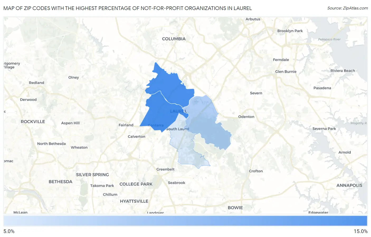 Zip Codes with the Highest Percentage of Not-for-profit Organizations in Laurel Map